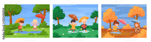 Happy kids holding umbrella under rain  different seasons - cartoon flat vector illustration.