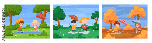 Happy kids holding umbrella under rain, different seasons - cartoon flat vector illustration.