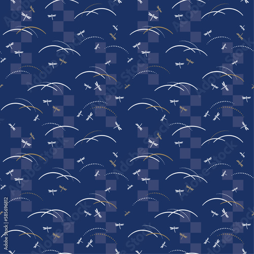 トンボと露芝の和柄シームレスパターン（紺）