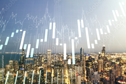 Multi exposure of virtual creative financial chart hologram on Chicago skyscrapers background  research and analytics concept