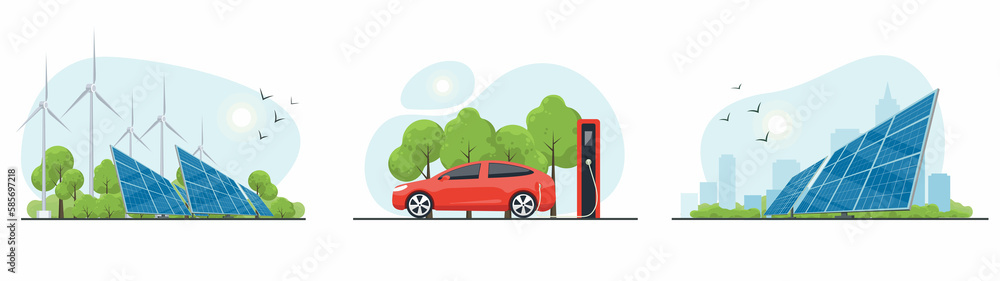 Clean energy of set. Electric car with charging station. Wind and solar generation. The concept of alternative electricity production.