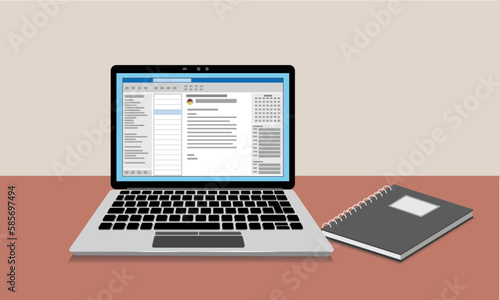 Laptop with an open email application and a physical notebook. Simplified flat style. Vector Illustration photo