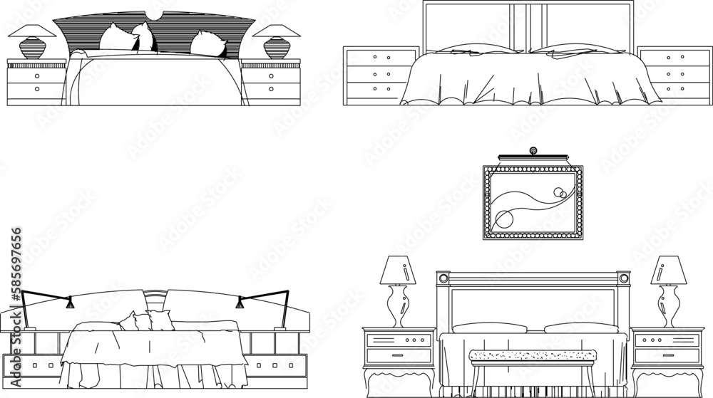 Vector sketch illustration of vintage modern classic magnificent bed