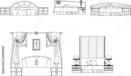 Vector sketch illustration of vintage modern classic magnificent bed