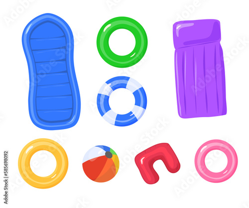 Set of inflatable rings and mattresses for swimming flat vector isolated.