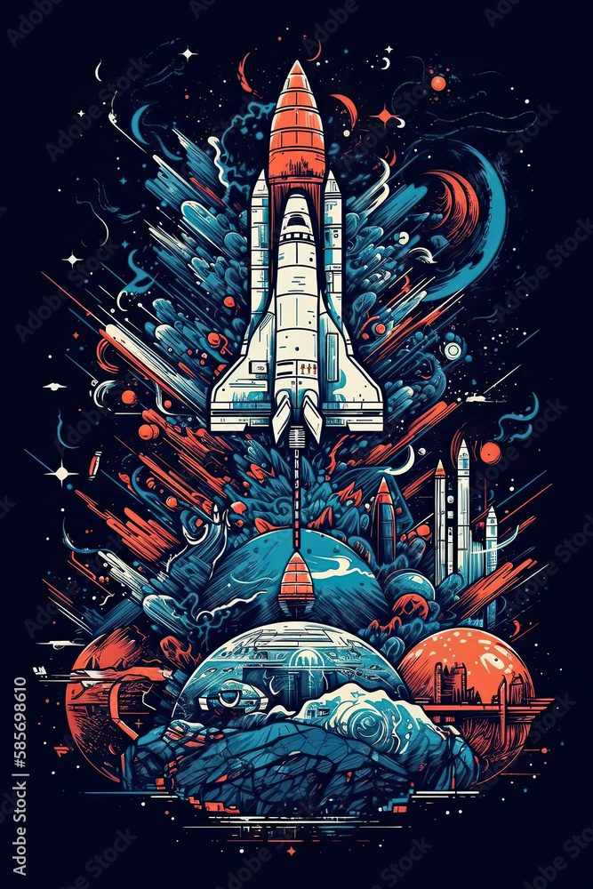 Obraz premium The space rocket flies over the surface of the planet like a moon.