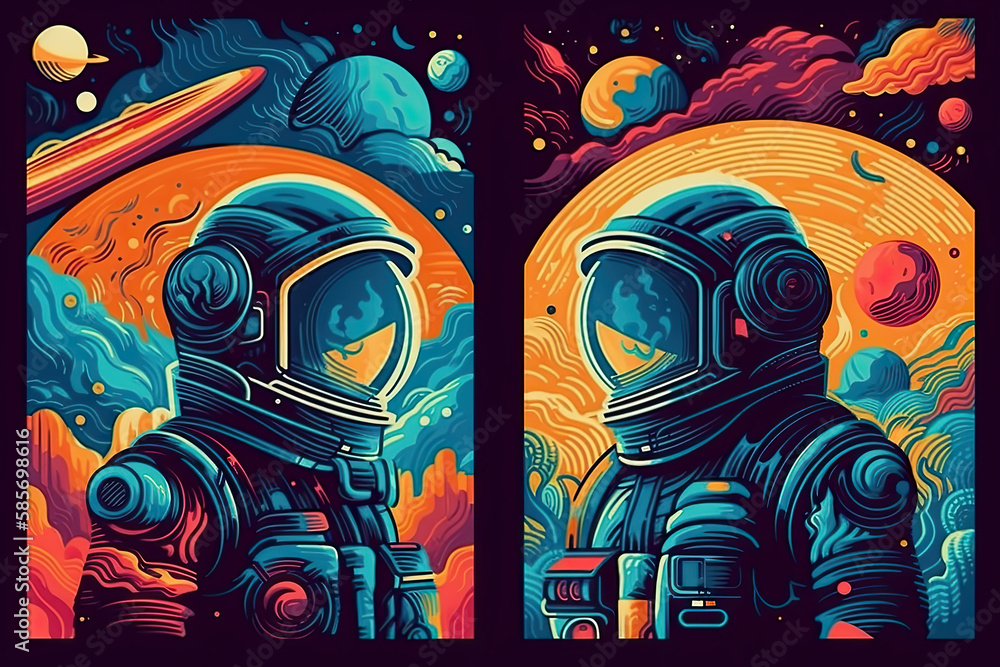 Space, science fiction, future. Vector retro illustrations of astronaut