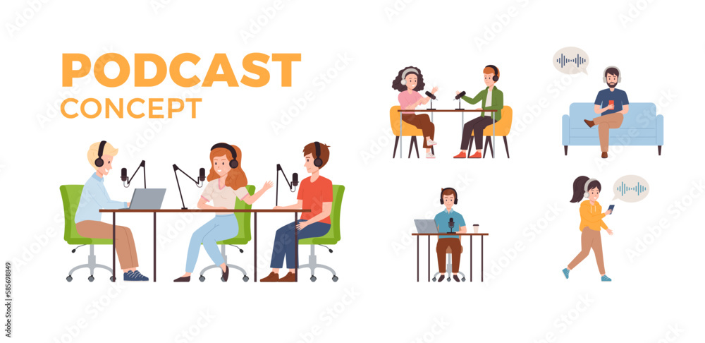 Podcast concept set of scenes flat vector illustration isolated on white.