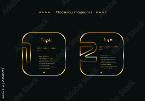 Two gold color pannels of infographic, 2 luxury boxes line multipurpose Infographic buttons design template, with three options and Premium golden version on a dark background