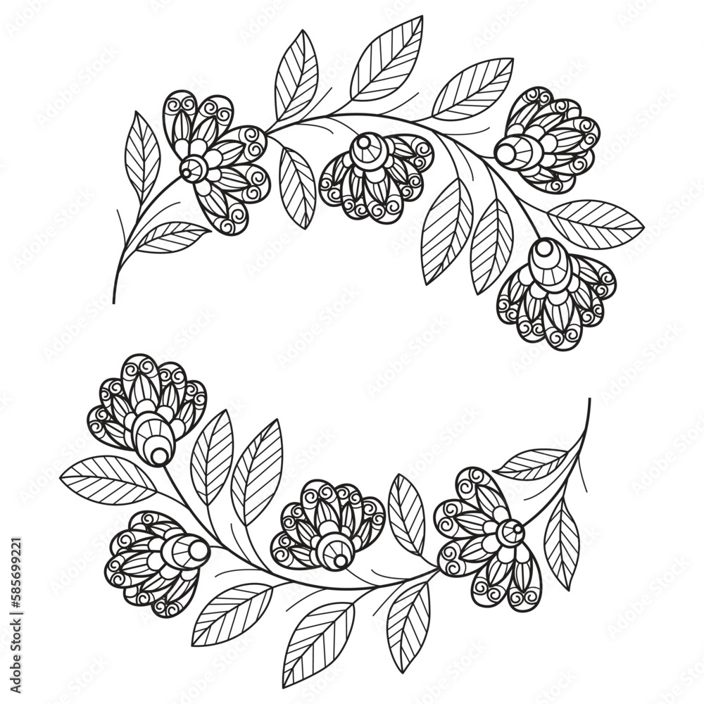 Cute flower wreath hand drawn for adult coloring book