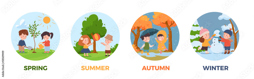 Four seasons banners or badges set with children playing, flat vector isolated. Four seasons banners or badges set with children playing, flat vector isolated.