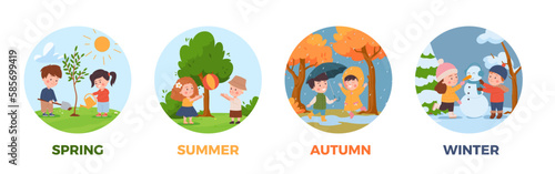 Four seasons banners or badges set with children playing, flat vector isolated.
