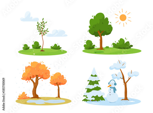 Landscape scenery with trees in four seasons vector illustrations collection.