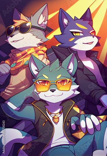 Three cool stylish cats in glasses posing for the camera. AI Generated