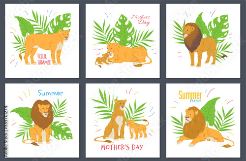Mother’s day and summer greeting cards with lions, flat vector illustration.