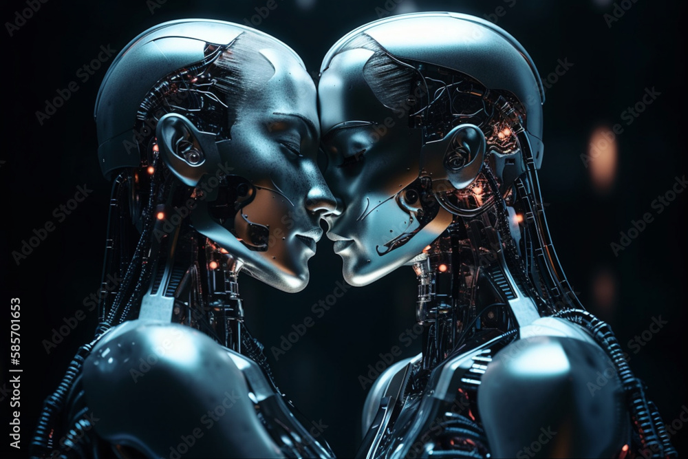 A couple of robot humanoids kissing. Romance of two artificial intelligences. ai generated A couple of robot humanoids kissing. Romance of two artificial intelligences. ai generated