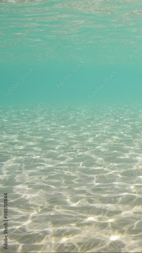 Vertical video, Sandy shallow water in sunburst and glare on sandy seabed, Slow motion. Sunlight passes through surface of turquoise water and glares on sand bottom in shallow water in sunbeams Vertical video, Sandy shallow water in sunburst and glare on sandy seabed, Slow motion. Sunlight passes through surface of turquoise water and glares on sand bottom in shallow water in sunbeams