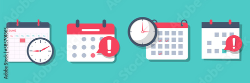 Set of deadline calendar with clock and attention icon
