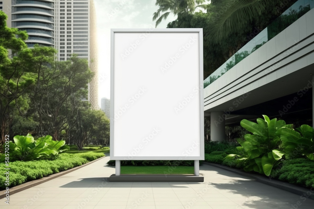 Vertical white empty LED billboard mockup outdoor. AI generative advertising banner display in the street with trees and building in the background. Digital signage for ads and promotions Vertical white empty LED billboard mockup outdoor. AI generative advertising banner display in the street with trees and building in the background. Digital signage for ads and promotions