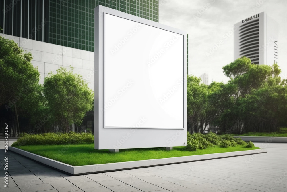Vertical white empty LED billboard mockup outdoor. AI generative advertising banner display in the street with trees and building in the background. Digital signage for ads and promotions Vertical white empty LED billboard mockup outdoor. AI generative advertising banner display in the street with trees and building in the background. Digital signage for ads and promotions