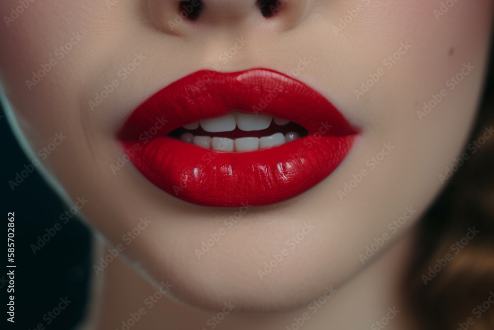 Fototapeta premium Sexy female lips with red lipstick close-up. Seductive lady mouth open. ai generated