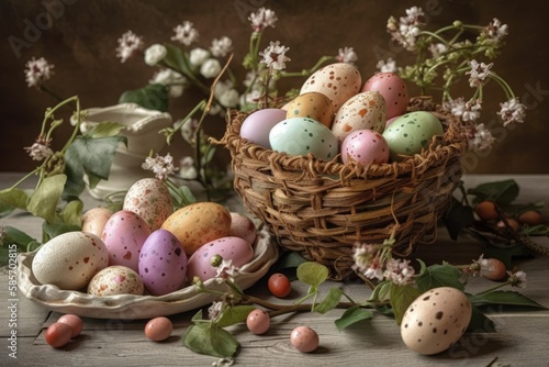 colorful Easter basket filled with eggs. Generative AI
