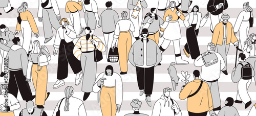 People crowd crossing street, city road. Many pedestrians going, hurrying on crosswalk, zebra panorama. Busy traffic, rush hour in overcrowded metropolis, urban center. Flat vector illustration