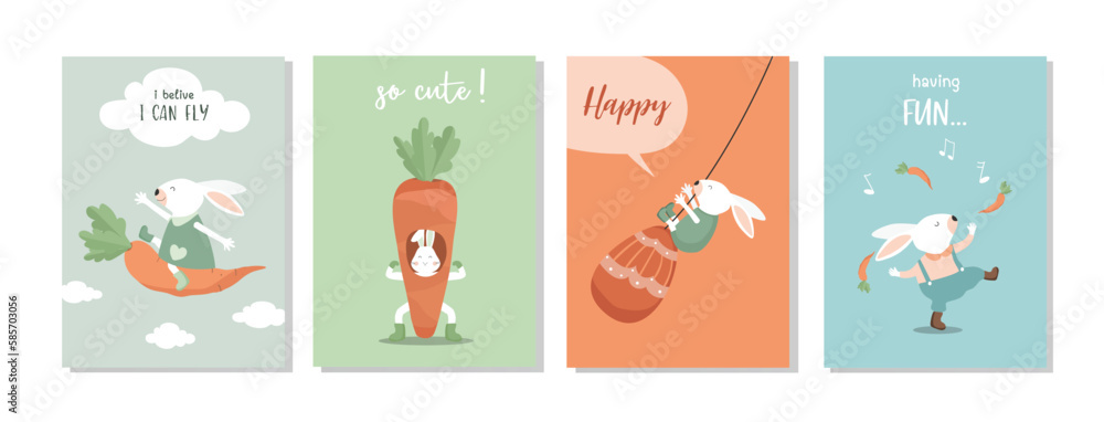 Set of bunny funny happy Easter.Hand drawn design of greeting card.Vertical card ,template,rabbits,bunny,cute,eggs,Vector illustrations.
