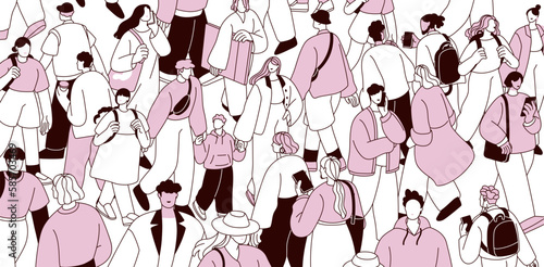 Crowded city, many people going on street. Pedestrians traffic at rush hour. Busy citizens swarm walking, hurrying on different businesses outdoor. Overpopulation concept. Flat vector illustration