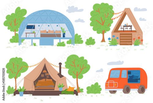 Glamping and car camping banners with vans and tents flat vector isolated.