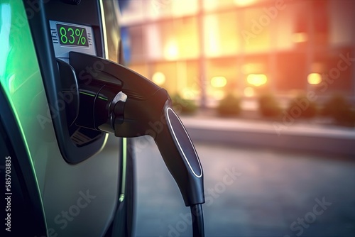 Electric car being charged, showing how sustainable energy is transforming the way we drive. A green solution that promises a cleaner, brighter future for all of us. Generative AI