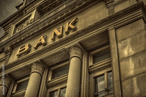 Elegant bank building entrance with soaring columns and intricate architectural details, conveying a sense of security and sophistication. Generative AI