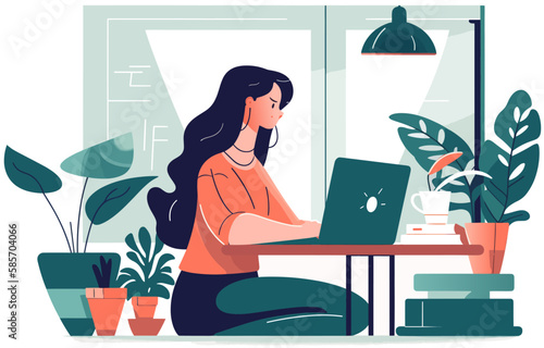 Flat vector illustration of Woman working on computer desk