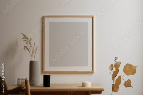 View of a 3D rendering wooden frame leaning on the white wall in the interior mockup,  warm space, generative AI.