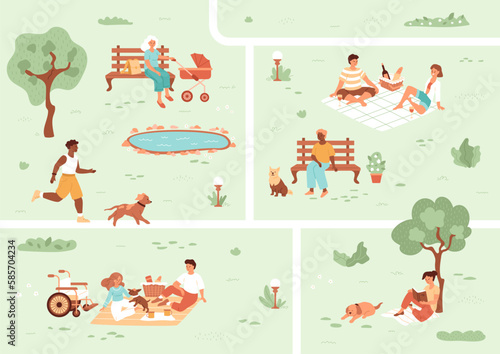 People in summer park. Young couple on picnic, girl reading book, mother walking with baby stroller, elderly man sitting on bench near lake. African man is running. Woman in wheelchair with cute dog