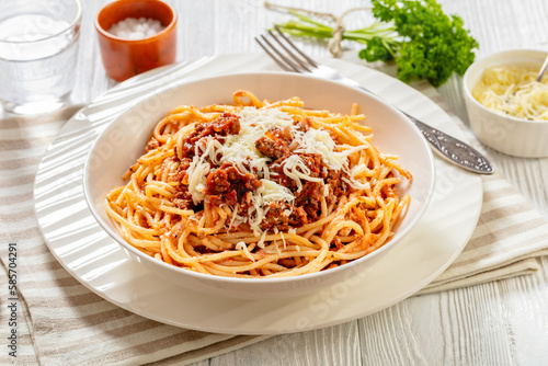 spaghetti al ragu alla Bolognese in white bowl