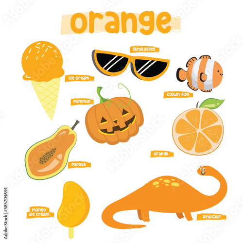 Fototapeta Naklejka Na Ścianę i Meble -  Set of orange color objects. Primary colours flashcard with orange elements. Learning colors for kids. Vector illustration file. Learning material for toddlers.