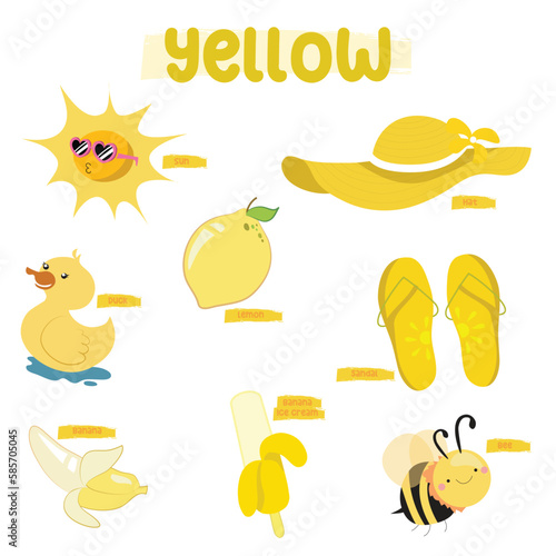Set of yellow color objects. Primary colours flashcard with yellow elements. Learning colors for kids. Vector illustration file. Learning material for toddlers.