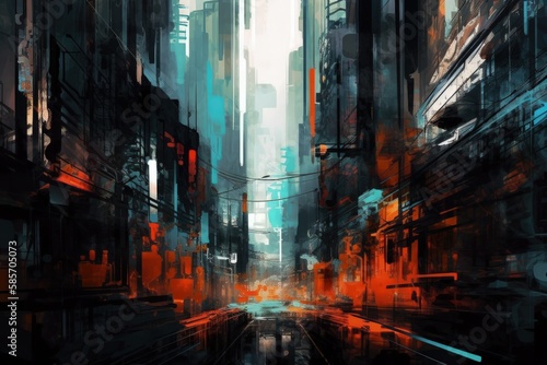 bustling cityscape with towering buildings and busy streets. Generative AI © AkuAku