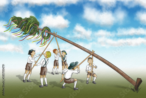 Photos illustration of a maypole being set up by strong men