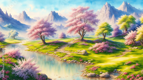 watercolor spring landscape created with Generative AI technology