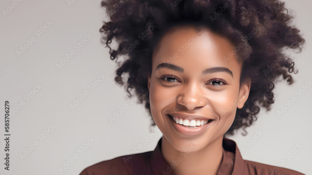 Portrait of African American black girl with copy space. Smiling young woman with curly hair. AI Generative Portrait of African American black girl with copy space. Smiling young woman with curly hair. AI Generative