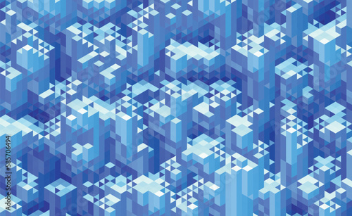 3D cubes. Isometric geometric mosaic of randomized blue blocks. Grid pattern.