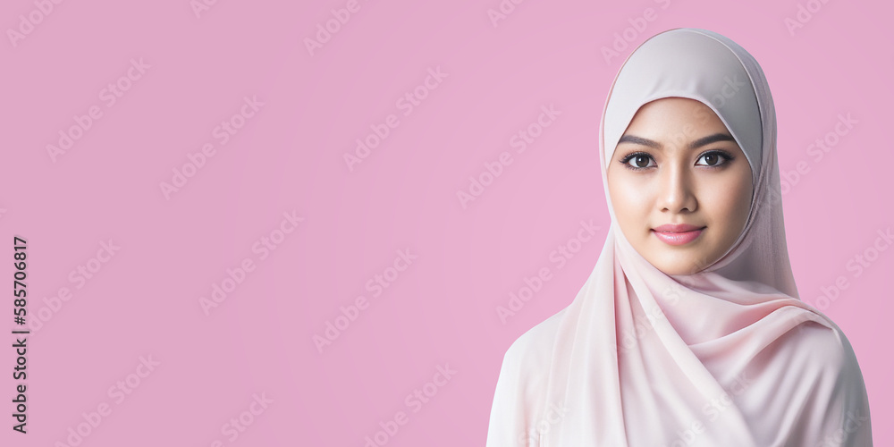 Banner of a Hijab Woman with Copy Space on a Pink Background with Generative AI Banner of a Hijab Woman with Copy Space on a Pink Background with Generative AI