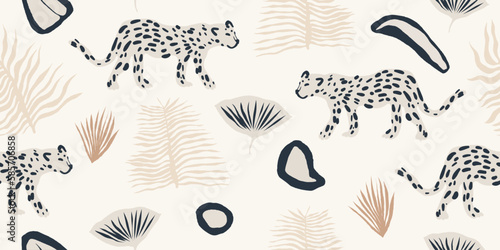 Bohemian hand drawn minimal abstract pattern with leopards. Collage contemporary seamless pattern. Fashionable template for design.