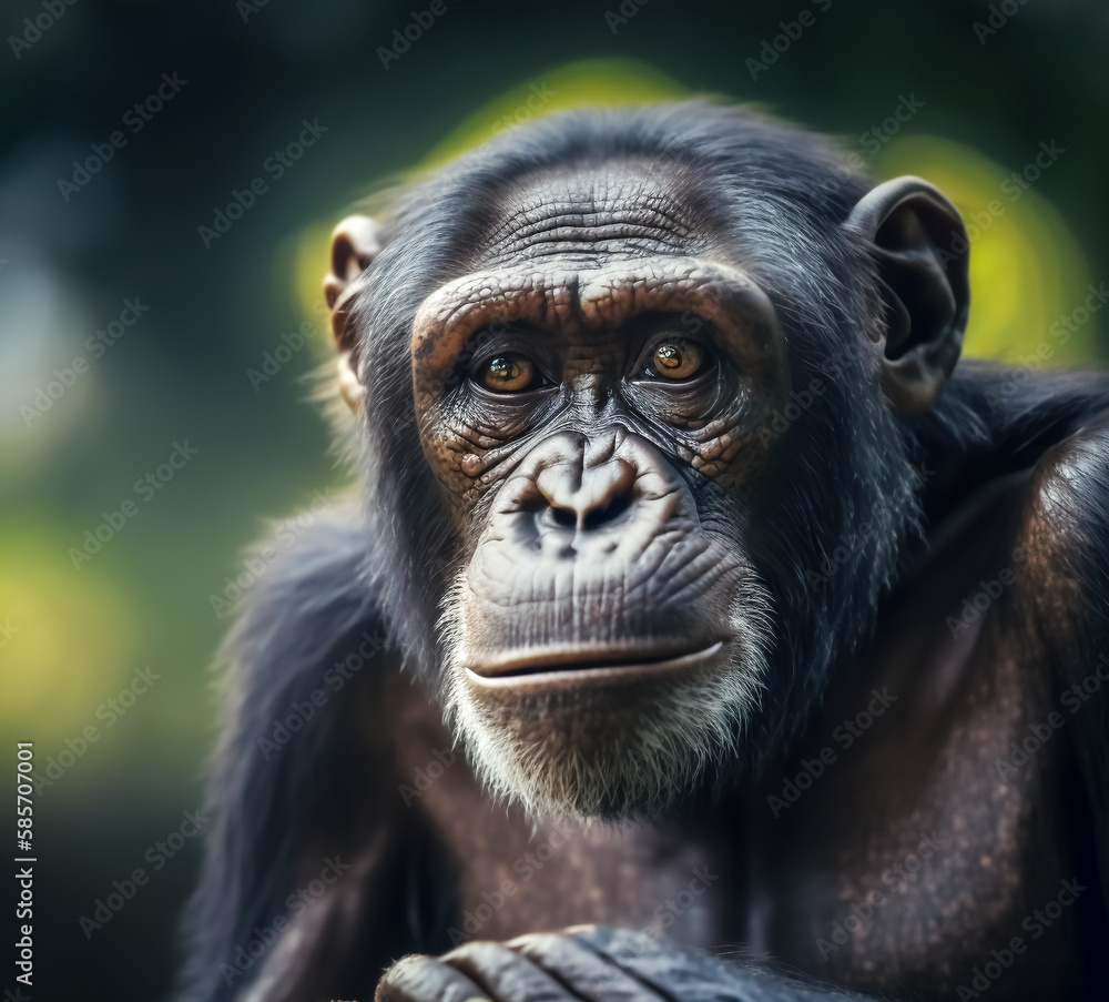 Schimpanse oder Menschenaffe vor grünem Hintergrund - Thema Naturschutz und Artenschutz - Generative AI Schimpanse oder Menschenaffe vor grünem Hintergrund - Thema Naturschutz und Artenschutz - Generative AI