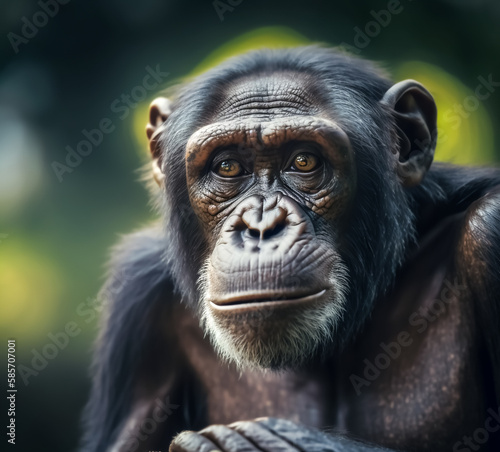 Schimpanse oder Menschenaffe vor grünem Hintergrund - Thema Naturschutz und Artenschutz - Generative AI © Steffen Kögler