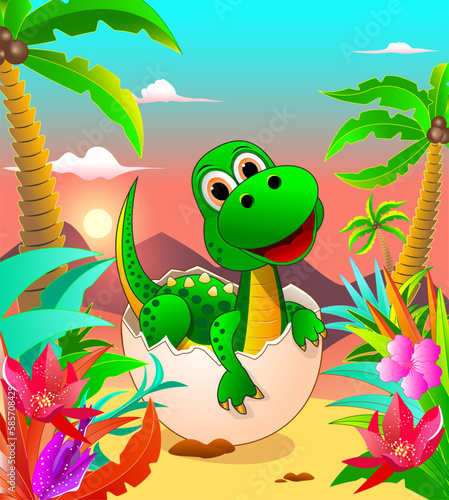 Little baby dinosaur peeking out of an egg. A cartoon little dinosaur of green color sits in an egg in the background of the jungle. The birth of a dinosaur, various plants, the sun shining in the sky