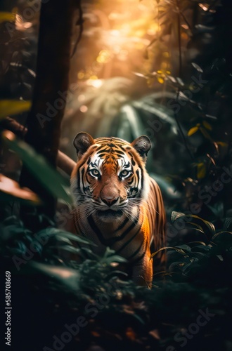 Beautiful tiger in the tropical forest. Generative AI.