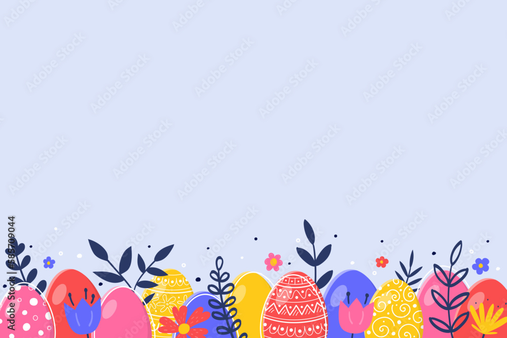 Colourful background with painted eggs and flowers. Minimalist Easter design. Vector illustration Colourful background with painted eggs and flowers. Minimalist Easter design. Vector illustration